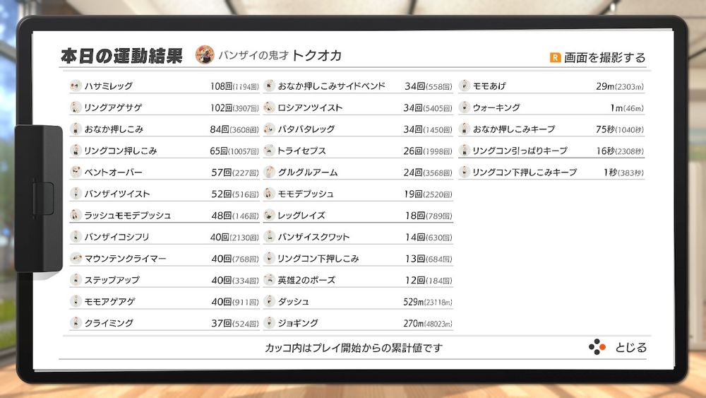 運動結果、レッグレイズなど