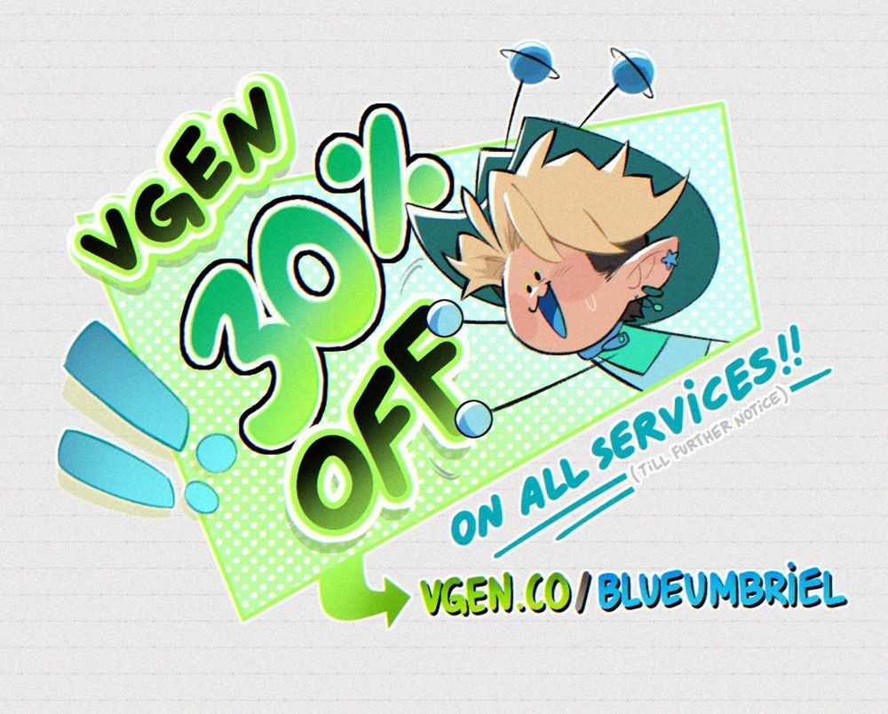 VGen illustration featuring a 30% off sale to my commission services. There is a chibi version of my vtuber on the side trying to hold up the sign, with an URL below to said services.