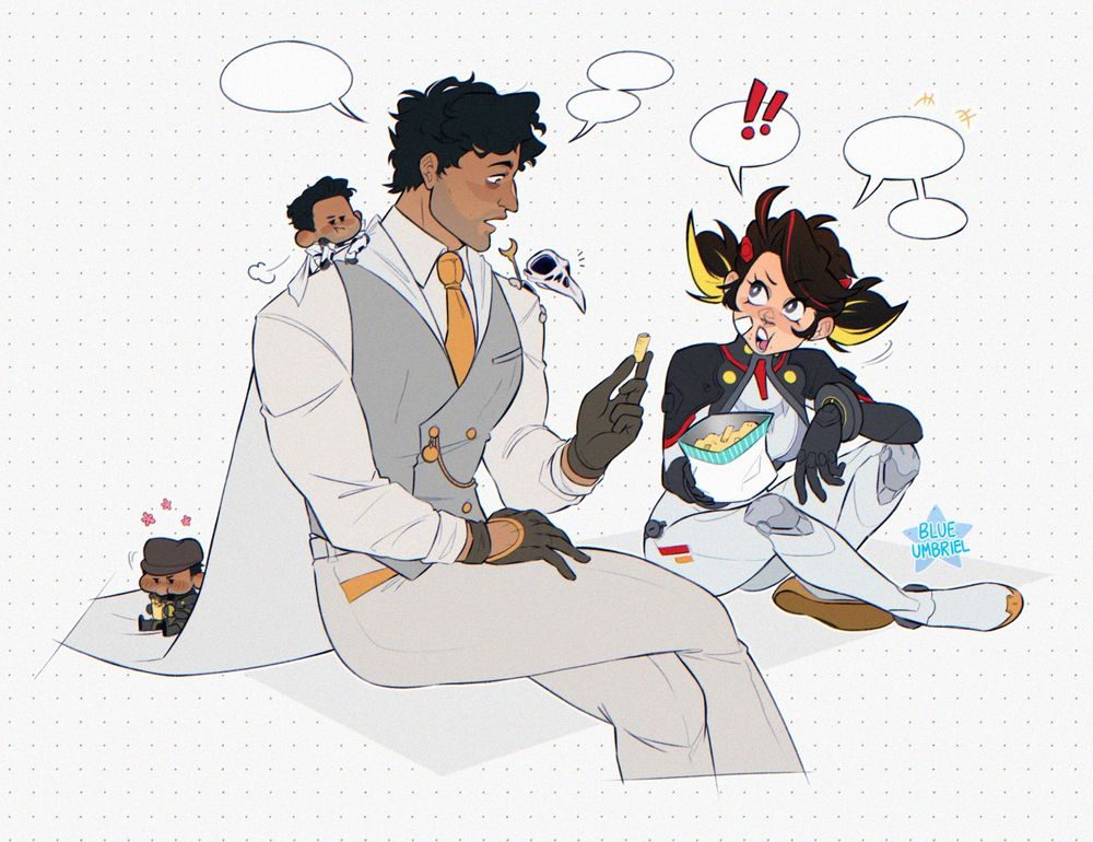 Illustration of Mr. Knight (Steven) and Peni Parker (both from Marvel Rivals) casually hanging out with some chips while there's chibi versions of (L to R) Jake (who is eating a chip on Steven's cape), Marc (who looks bored) and Khonshu (who looks curious for those most part)