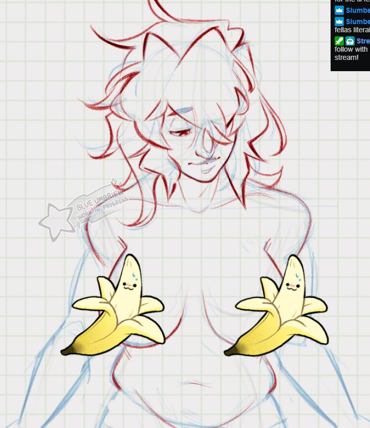 Screenshot of a work in progress sketch of my OC, Marilyn, naked (except undie). Her expression is at ease while her bitties are out. Nervous-looking bananas are covering the bits for censorship lol