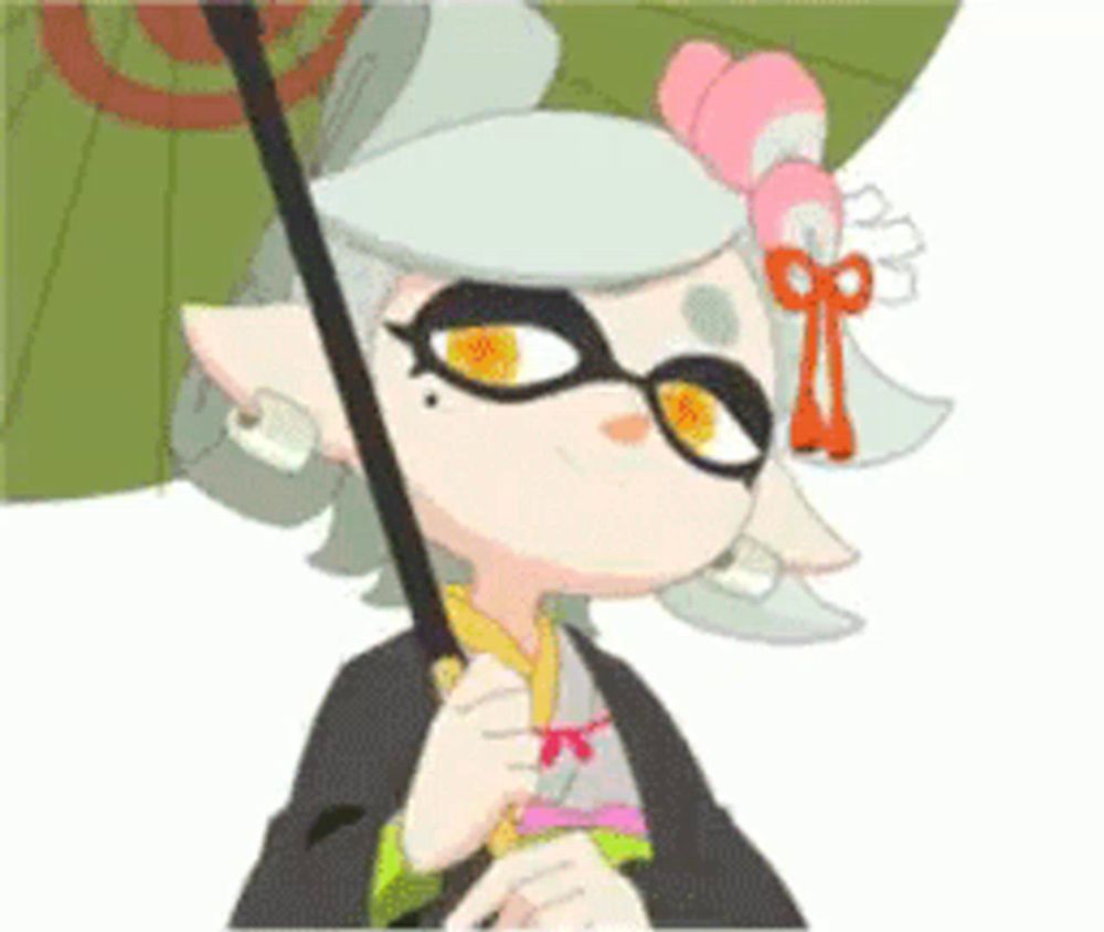 a cartoon character is holding an umbrella with a pink bow in her hair