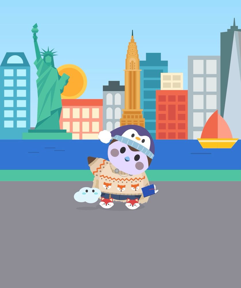 My finch pet, Bowie, wearing a penguin hat, sweater with foxes in it, and fox shaped shoes. Theyre also holding a book. Traveling nyc with a Cloud micropet