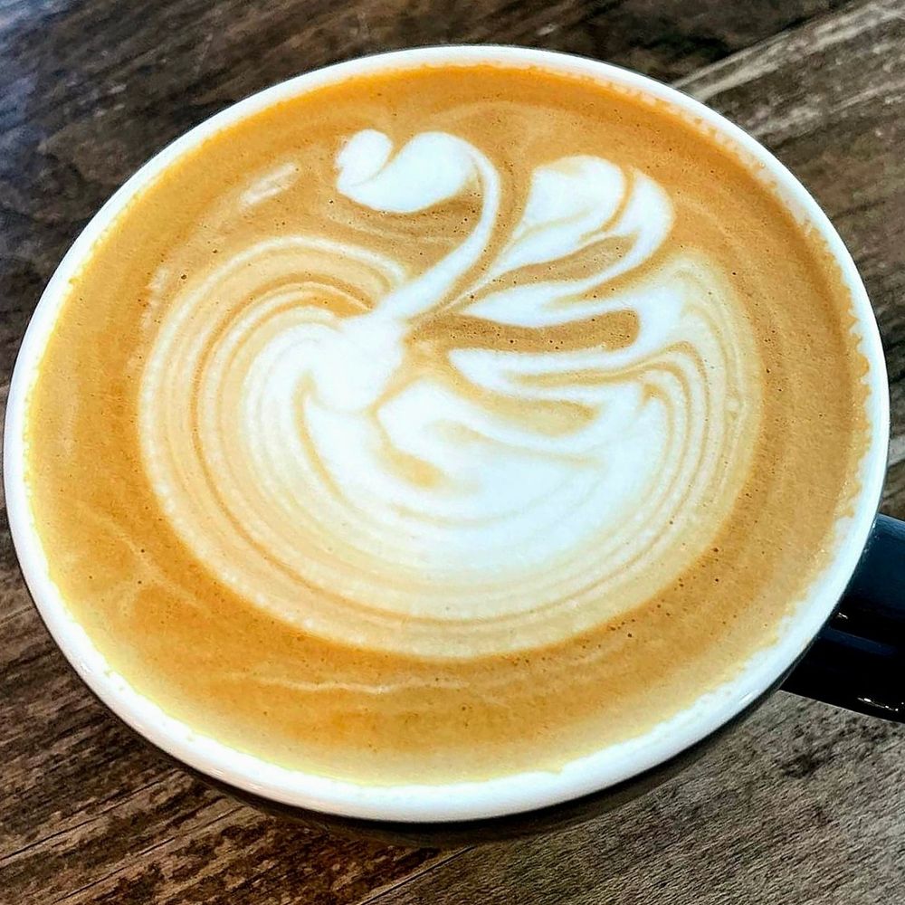 An image of a latte resting on a worn wooden counter; the beverage's cup is dark, but little can be seen due to the angle. The latte is adorned with latte art, poured in a pattern known as the "swan", with large ripples in the wing allowing for negative space to appear within the wing's inner segment, and tight layer of thin lines making up the base beneath the swan.