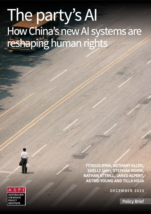 Cover of ASPI’s “The Party’s AI”. A lone man stands on a road where tanks should be, but they’ve been erased, mirroring how Chinese LLMs censor sensitive images. For more, see Chapter 1.