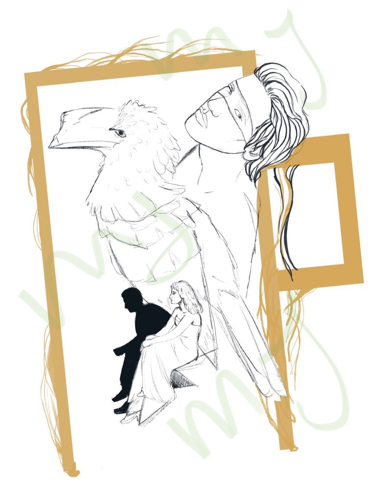 Artwork of a bird, a man, a woman and shadow 