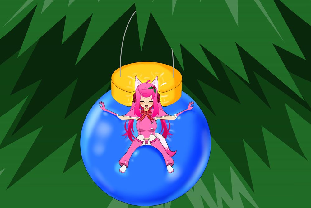 Bubblefox resting on a large rubber ball ornament