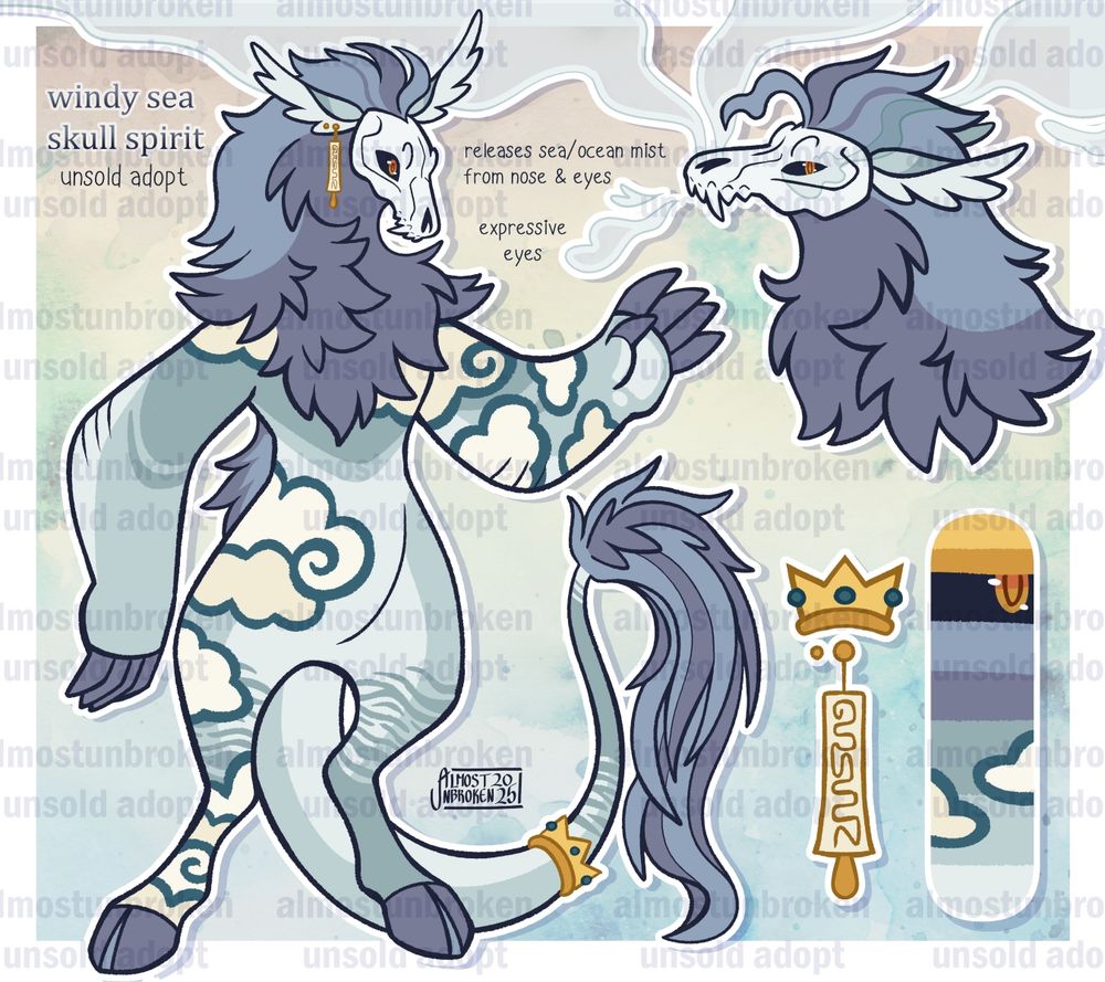 A anthro beast/creature with a skull for a face, a long mane, and large thin ears. They are dull blue, green, and purple with stripes and cloud markings across their body. One ear is pierced and has a long tassel hanging from it. Around their tail is a golden crown.