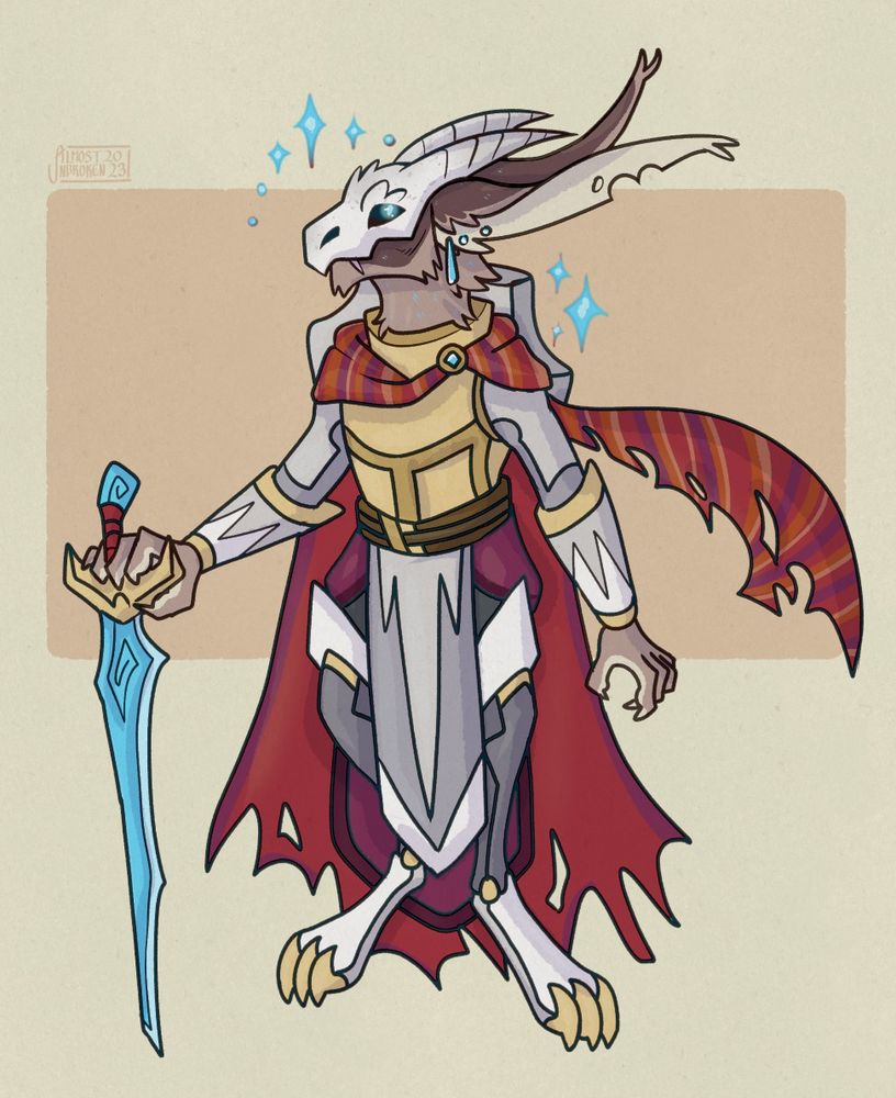A brown-furred Harengon wearing a White Dragon Mask. He wields a blue crystal blade and wears white half-plate armor, as well as a torn red cape and scarf.