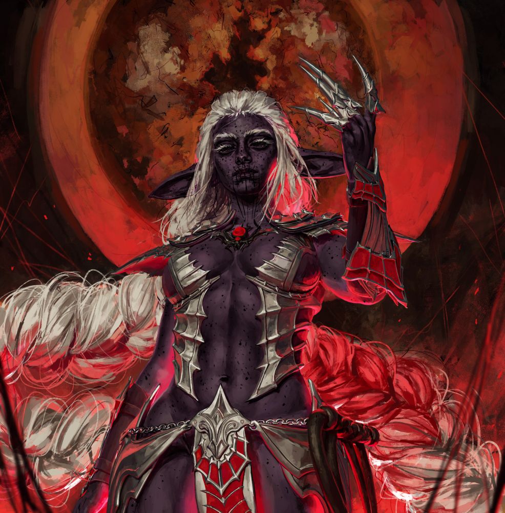 Full color illustration of a Handmaiden of the spider queen (Cleric/Paladin) -Drow