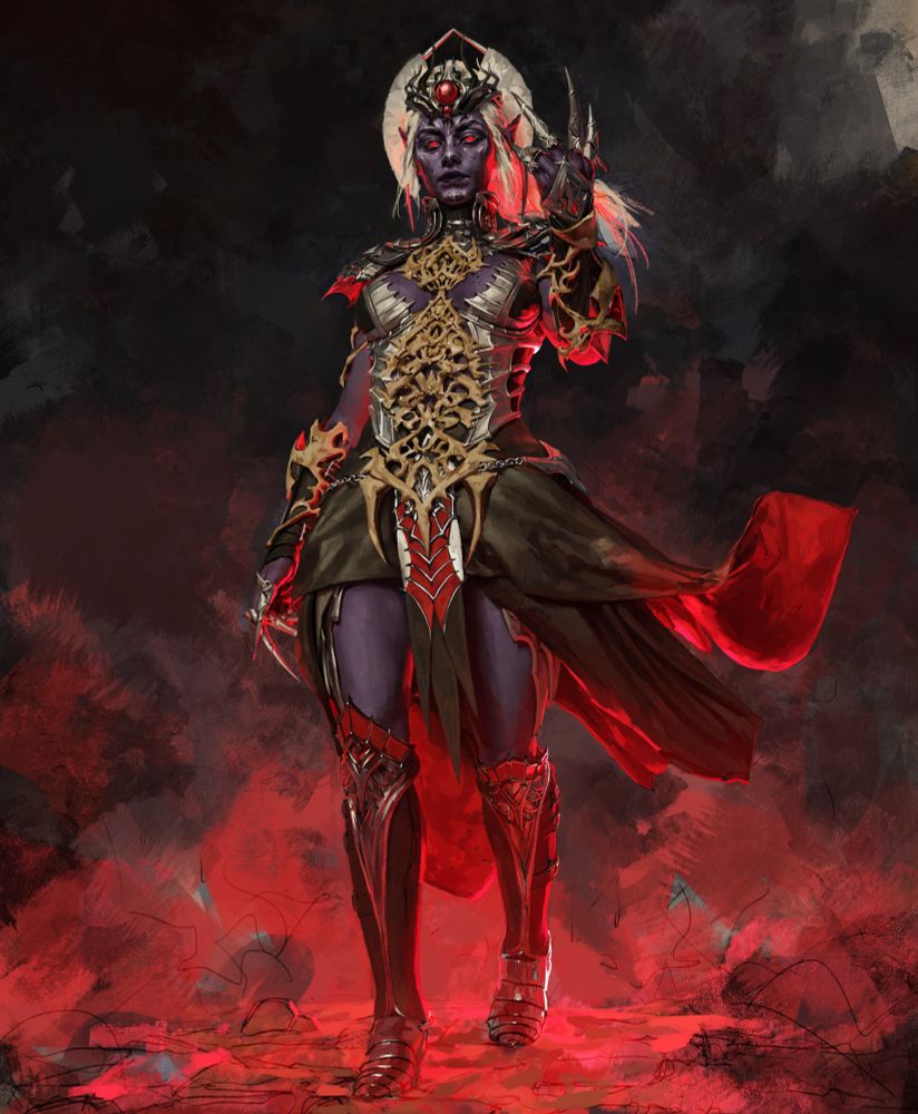 Full color illustration of a Matron mother Lolth sworn Drow
