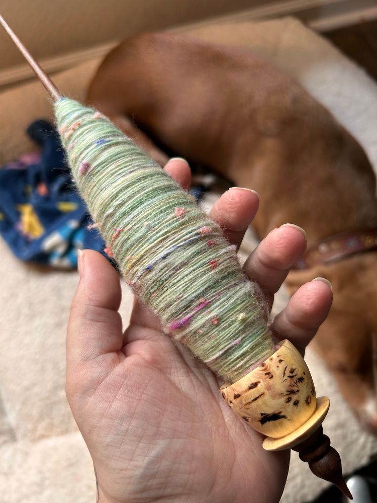 A Woodland Handcrafts tea cup spindle holds a cop of light green fiber with streaks of yellow, pink, blue, green, and orange. There’s a dog in the background. 