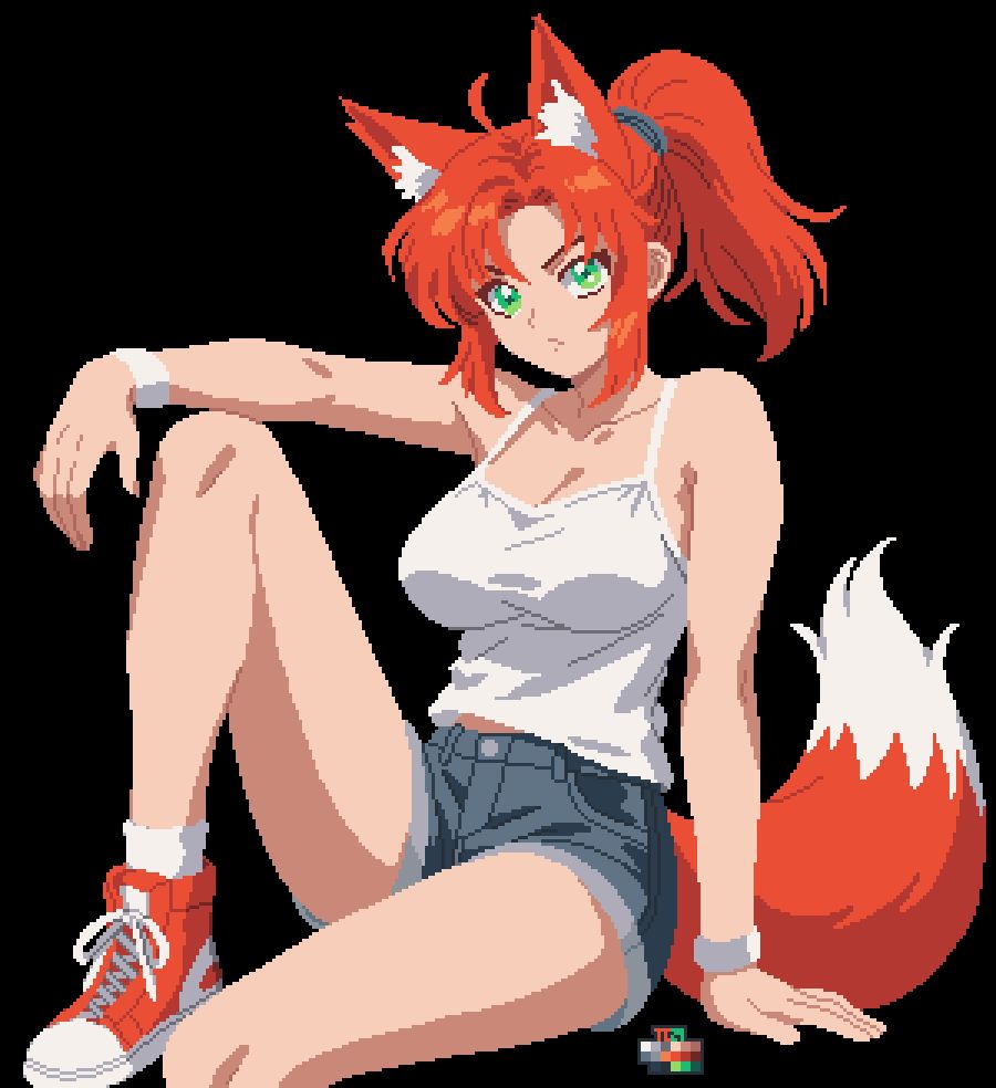 a pixel art picture drawn in an anime style. it's of a foxgirl with red hair, wearing a white camisole, short-jorts, and red sneakers. her eyes are green, and she has sweatbands on her wrists. she looks sporty.