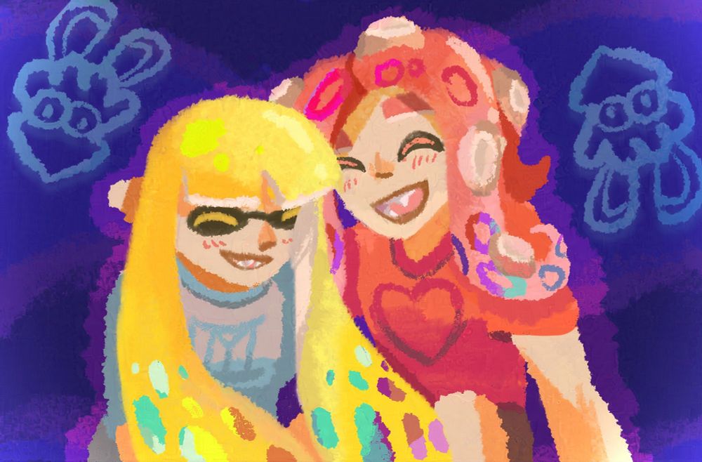 Drawing of two splatoon characters: a yellow-haired inkling and a pink-haired octoling. They are leaning towards each other slightly and smiling with their eyes closed. Their bodies are angled facing the front like they are posing for the camera. The background is purple with little distinguishing features other than two simple doodles of splatoon squids.