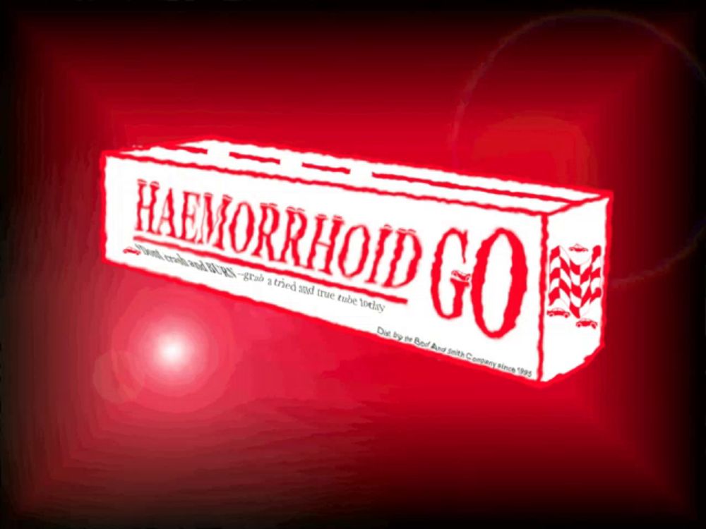 a red sign that says haemorrhoid go on it