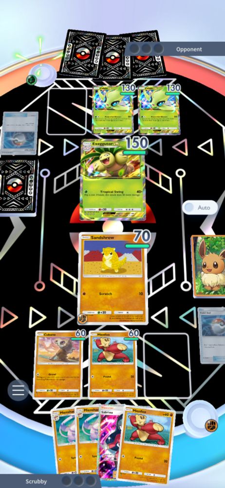 Turn 3 in a pokemon TCG Pocket match. The opponent has 2 Celebi Ex's and a Exeggutor EX
