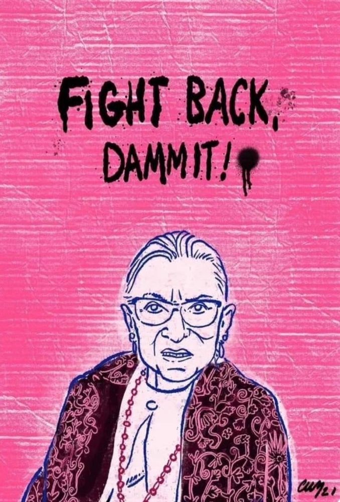 RBG drawing on a pink background saying, 'Fight back, dammit!'.