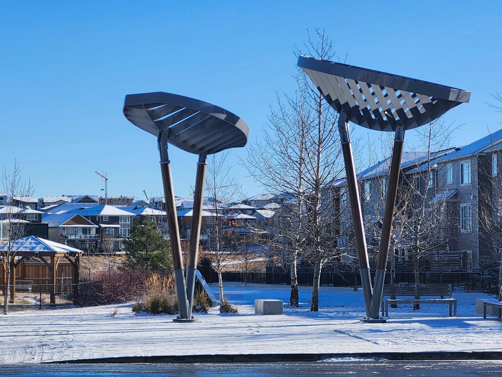 These metal pod structures appears in several places in the community.  These are at the eastern end of 140 Avenue NW