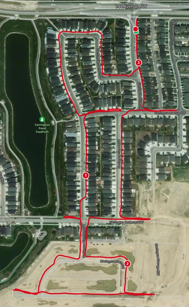 Satellite images show that Carringvue Place has not been built yet, even though construction on that street appears to be complete.