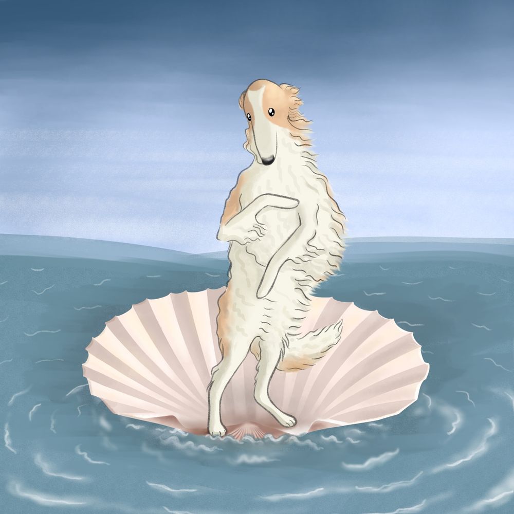 An illustration parodying The Birth of Venus, where a half scallop shell is emerging from the sea. Instead of a naked goddess Venus however, it's a large Borzoi dog standing in the same pose, its wavy fur blowing in the wind.