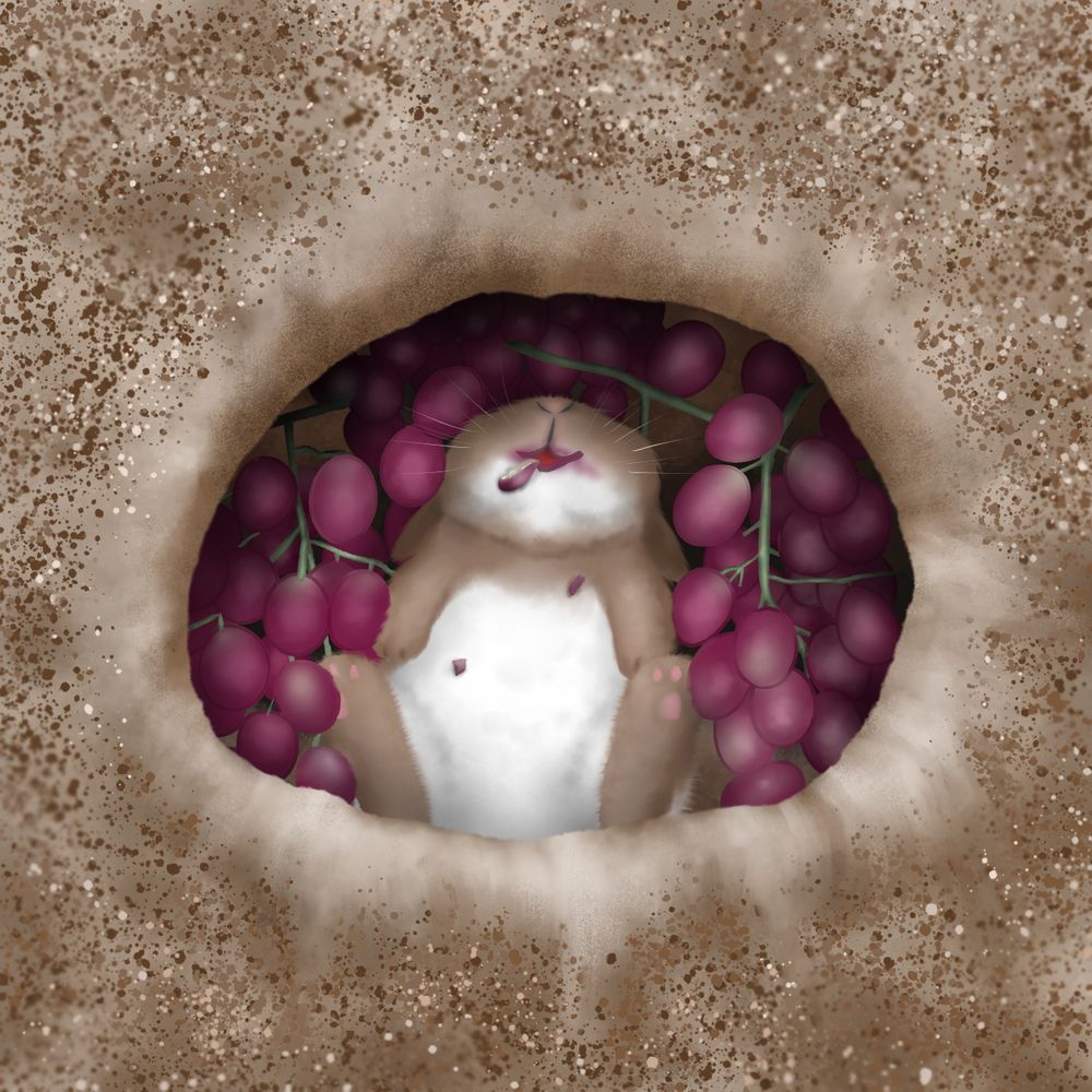 An illustration of a brown and white bun bun, leaning back with its head up in a hole in the ground that is filled with grapes (probably for fermentation into wine). It is covered in bits of grape and grape skin, and looks euphoric.