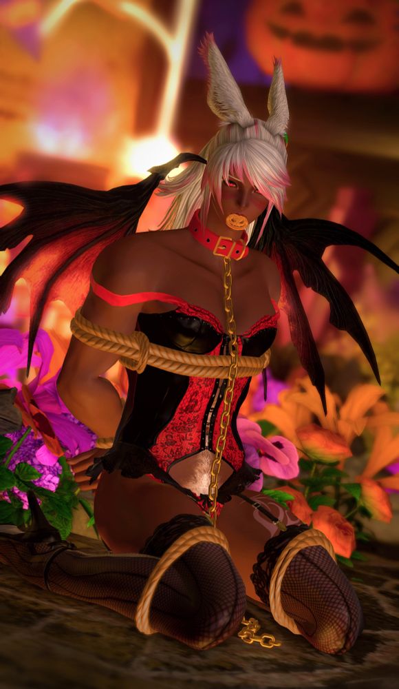 Fiarn kneeled on the floor in a dark-ish room, lit up by All Saints Wake decorations. He's dressed in a red-and-black corset, matching panties and lacy stockings plus high heels. There's a collar on his neck with a long chain dangling from it, and small devilish wings on his back. Fiarn's legs are bound in a bent position by rope, and similarly rope is restraining his arms behind his back. He's holding a pumpkin cookie in his mouth, but doesn't seem happy about it.
