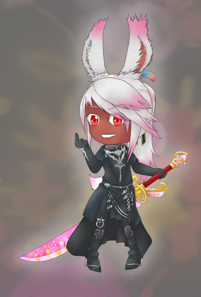 Deformed-style drawing of my WoL in black clothes wielding a pink sword