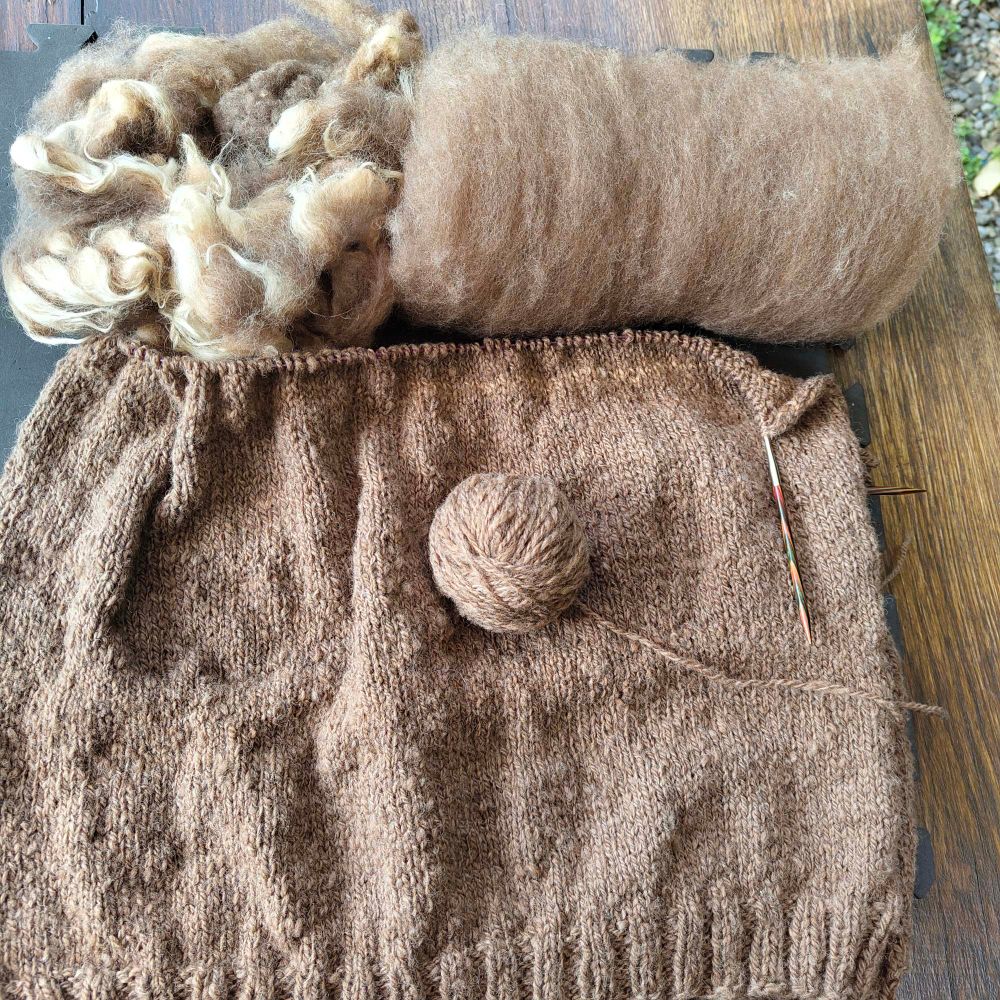 Fleece, batt, handspun yarn and partially knitted cardigan in a natural brown colour 