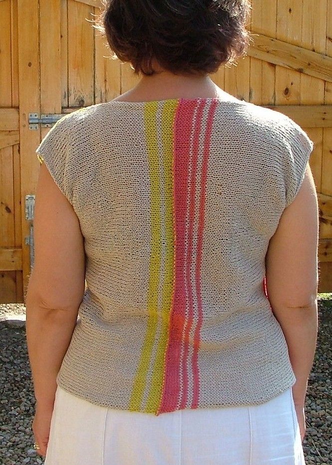 Back of top in natural beige & with vertical stripes down the middle in yellow & pinky orange 