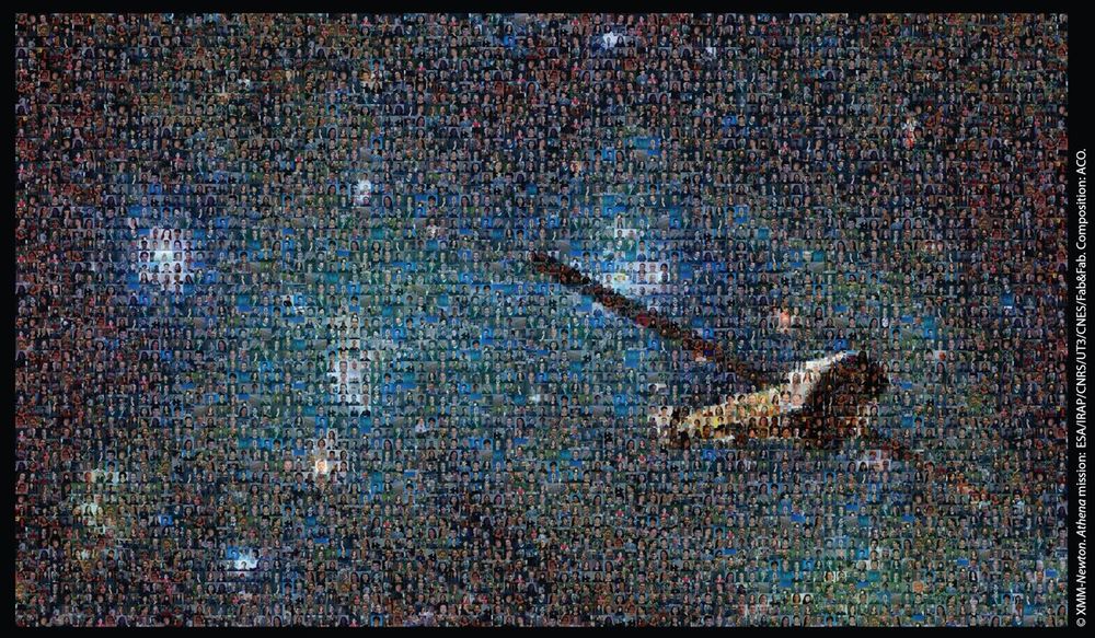 Un'immagine mosaico composta dai ritratti individuali dei membri della comunità NewAthena. Alcuni di essi inoltre, combinati insieme, raffigurano il veicolo spaziale nello spazio. Crediti: XMM-Newton. Missione Athena: ESA/IRAP/CNRS/UT3/CNES/Fab&Fab. Composizione: ACO. 