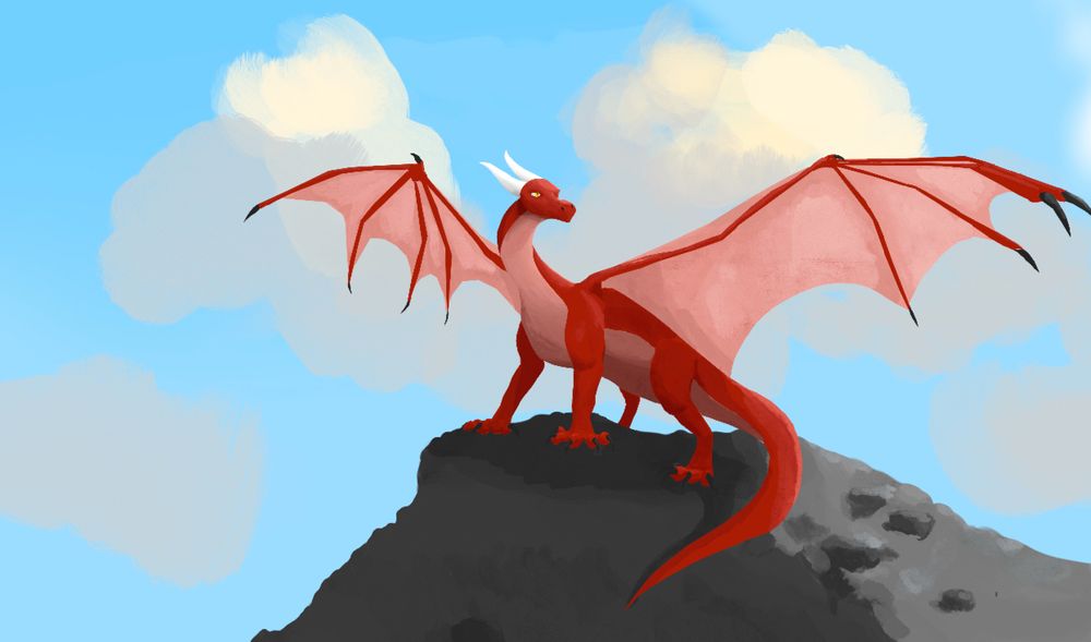 A red dragon stands on a rocky cliffside with a blue sky and puffy clouds in the background.