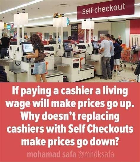 Image of self check out section of a store with red decor //

If paying a cashier a living wage will make prices go up, why doesn't replacing cashiers with Self Checkouts make prices go down? / Mohamad safa @mhdksafa