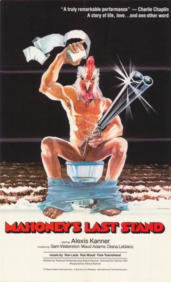 A naked man in a rooster mask sitting on a toilet holding a shotgun in one hand and toilet paper in another, the poster for Mahoney's Last Stand, and from the cast, I'm going to assume that's Sam Waterston