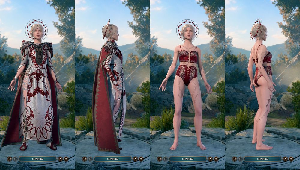 Four in-game screenshots showing my durge Amarie in the character creator, showing her wearing some refits I made for her. She is an elf with a pallid skintone and bone white hair done up in a messy crown braid; attached to the back of her hair is a large hairpiece resembling the symbol of Bhaal. In the two screenshots to the left, she is wearing a red and white version of the noble dress, along with two large red and white bejeweled pauldrons and the matching boots from the set. In the two screenshots to the right, she is wearing an in-game variant of the human underwear dyed red. 