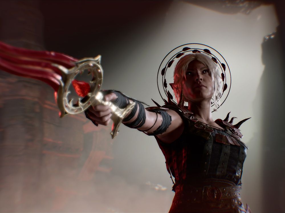 Another in-game screenshot of my durge Amarie in the temple of Bhaal. She is an elf with a pallid skintone and bone white hair done up in a messy crown braid. Attached to the back of her hair is a large hairpiece resembling the symbol of Bhaal. Her outfit is mainly black and brown with some metal components. She is holding the dagger Bloodthirst in her right hand and is pointing it to the left of the frame. She has a serious expression on her face and is the only character in the frame.