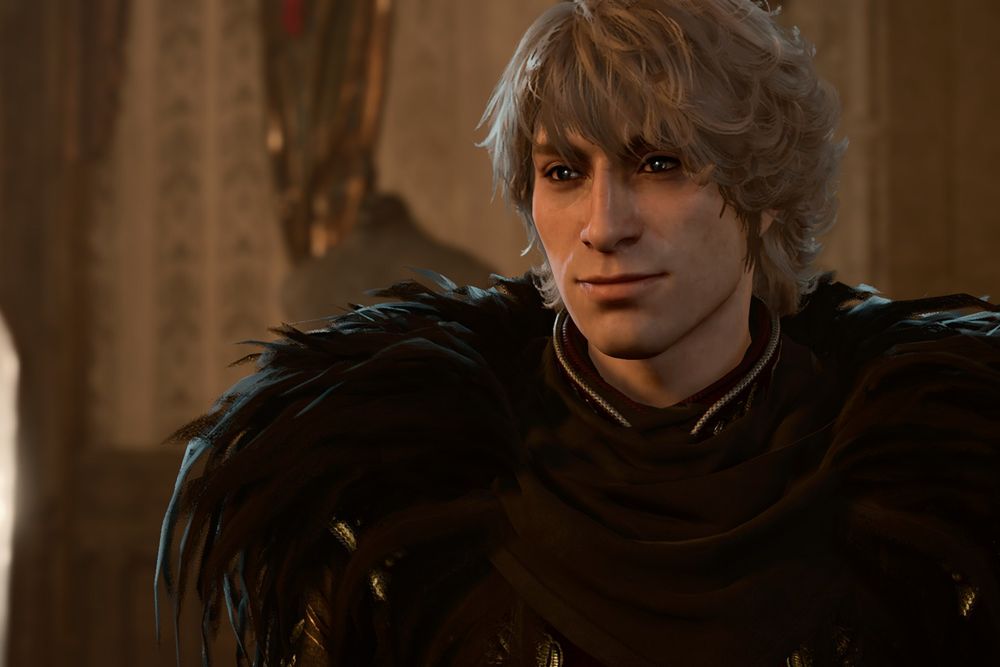 An in-game screenshot of Amarie's son Emir using a custom head mod that I made for him. He is positioned to the right of the frame and is looking at the viewer with a warm expression. He has dark eyes and wavy medium-length dark blonde hair.