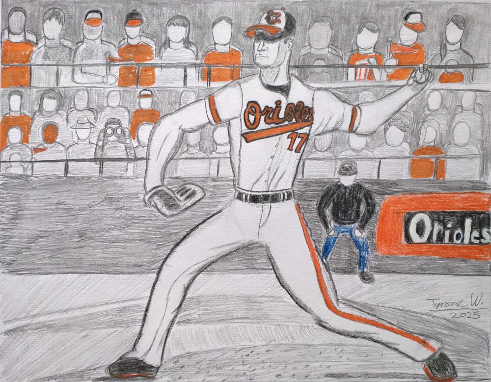 Tyrone’s pencil drawing of Baltimore Orioles baseball player Colton Cowser caught in the moment of dramatically throwing a ball with onlookers in the stands behind him.