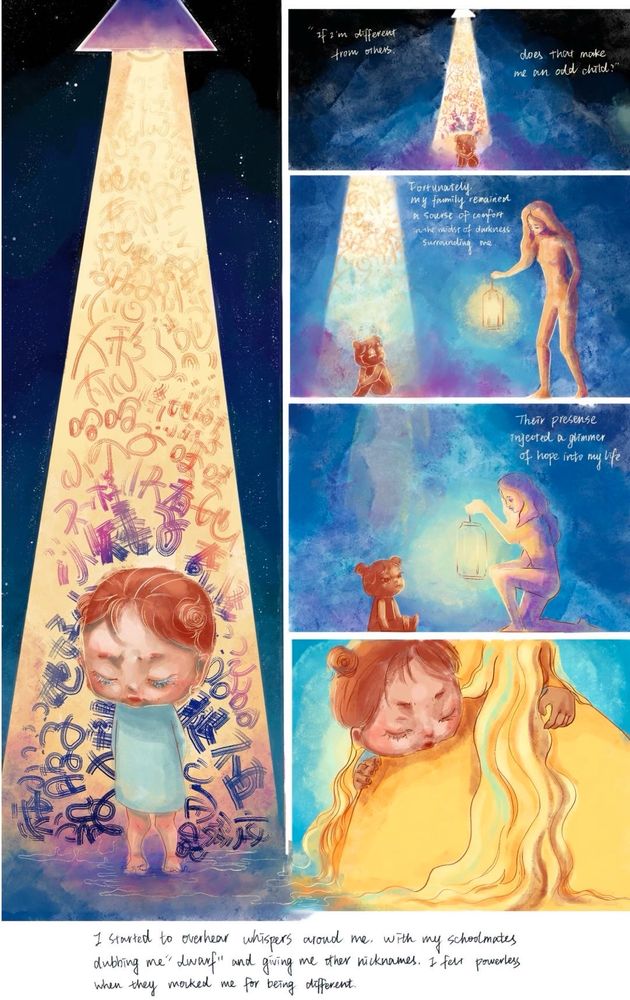 A multi-paneled digital comic featuring a young child being helped by a woman.