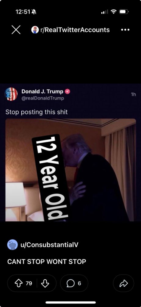 A photograph of Trump apparently kissing a young woman, but the young woman is covered by a banner that says 12-year-old. There’s a username from Reddit and their post reads can’t stop won’t stop