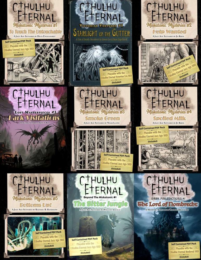 A grid of nine book covers, each of them a title published by Cthulhu Reborn in their "Cthulhu Eternal" line. The titles read: To Touch The Untouchable, Starlight on the Gutter, Help Wanted, Dark Visitations, Smoke Green, Spoiled Milk, Bottoms Up!, The Bitter Jungle, and The Lord of Nombrecht.