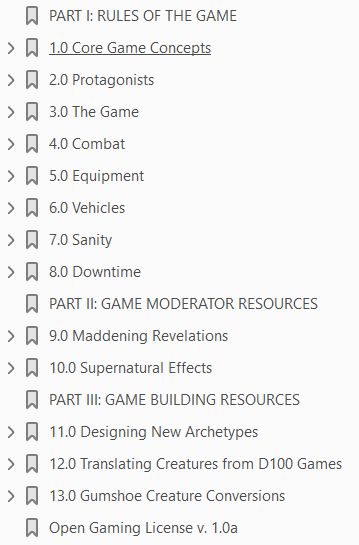 A Table of Contents for a typical Cthulhu Eternal SRD.