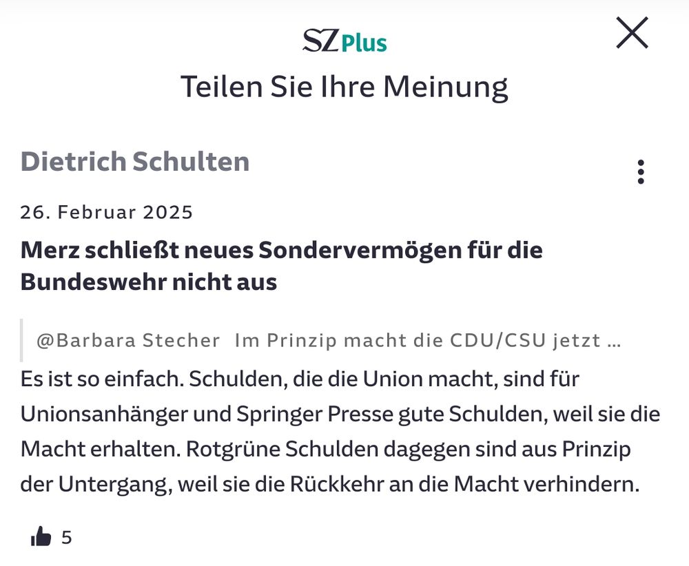 Leserbeitrag in der sz: CDSU Schulden sind aus Prinzip gute Schulden, rotgrüne aus Prinzip der Untergang