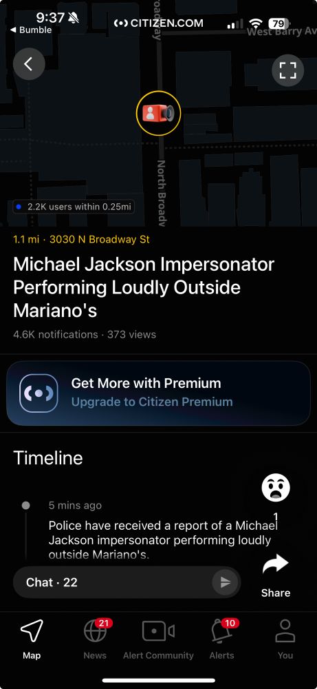 a citizen app alert for “michael jackson impersonator performing noisily outside mariano’s”