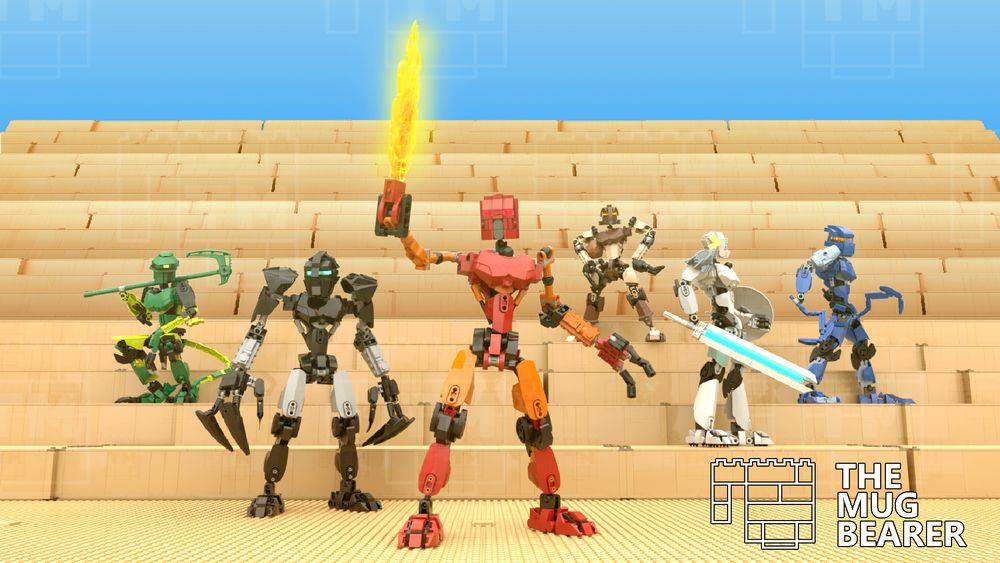 A 3D render of a group of digitally brick-built figurines of the LEGO BIONICLE's characters known as Toa Mata: Tahu, Onua, Lewa, Kopaka, Gali and Pohatu.