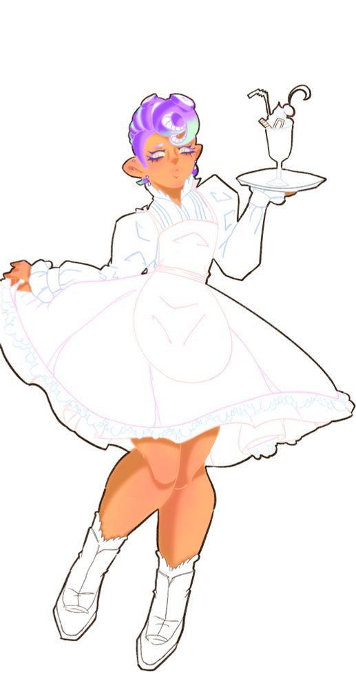 Redraw of same octoling boy in a cuter maid outfit, digital work in progress 2024