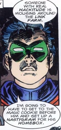 Tim Drake in BATMAN/PUNISHER (w: Chuck Dixon, p: John Romita Jr)

"Someone with real HACKITUDE is mousing around the LINK FARM. I'm going to have to get to the magic cookie before him and set up a NASTYGRAM for his HOMEBOX."