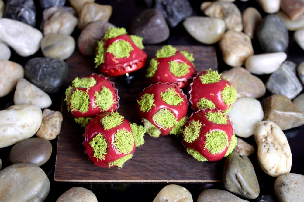 Clay pins shaped like mushrooms in a bottle cap base with moss in the holes of the mushrooms. 