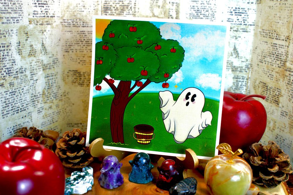 Art print of cartoon ghost picking apples off a tree