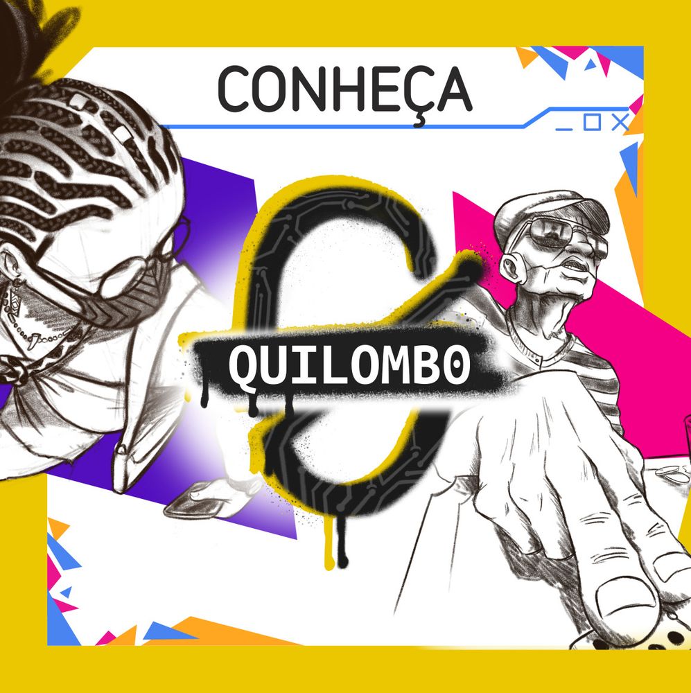 Ilustração colorida com dois personagens: Uma mina com tranças nagô estilosas usando óculos de aro redondo e máscara. Bezerra da Silva com seus trajes clássicos, jogando dominó e com uma característica que o jogo traz. Implantes. Nesse caso Bezzera tem um impante sutil de mandíbula, como se fosse uma máscara. No centro: Conheça Quilombo 0 com a marca da organização grafitada.