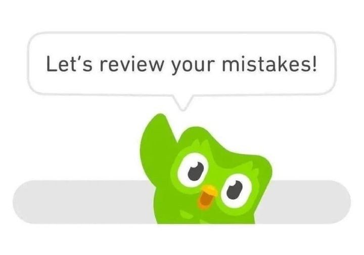 The Duolingo owl waving with a speech bubble that says, "Let's review your mistakes!"