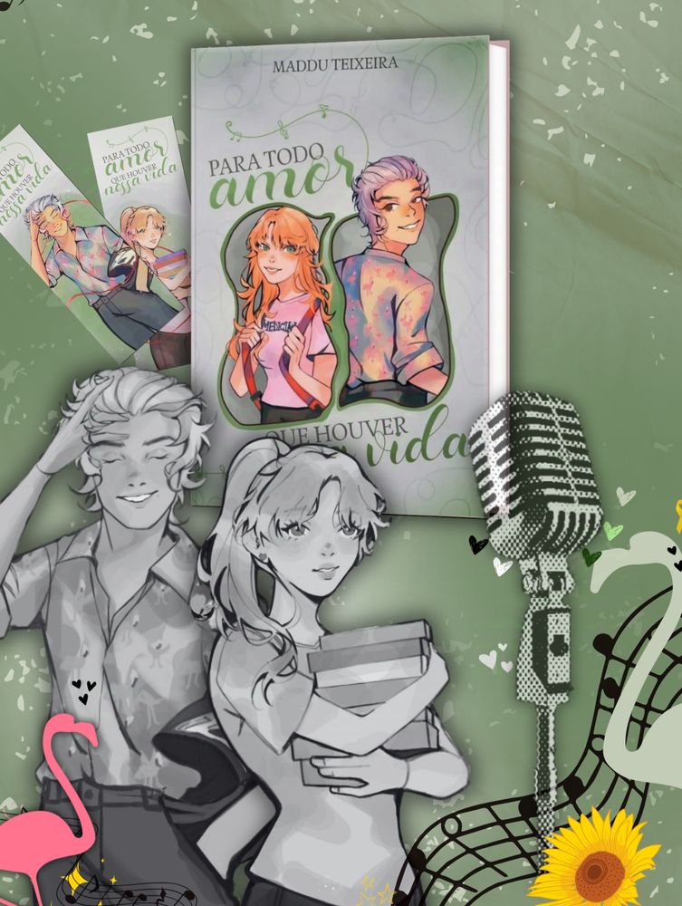 Foto de fundo verde, ilustração de rapaz e mulher na frente, em preto e branco. Há a foto da capa do livro: menina loira, blusa de medicina, mochila, rapaz de cabelo platinado, blusa de flamingos, um de costa para o outro, com um fio verde que os interliga ao título: para todo amor que houver nessa vida. 
Há também dois marcadores com as mesmas ilustrações.